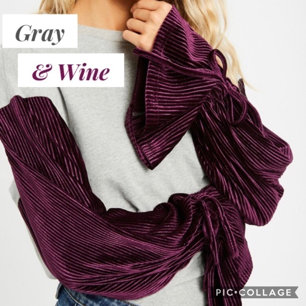 SALE!! Gray T With Wine Velour Sleeves